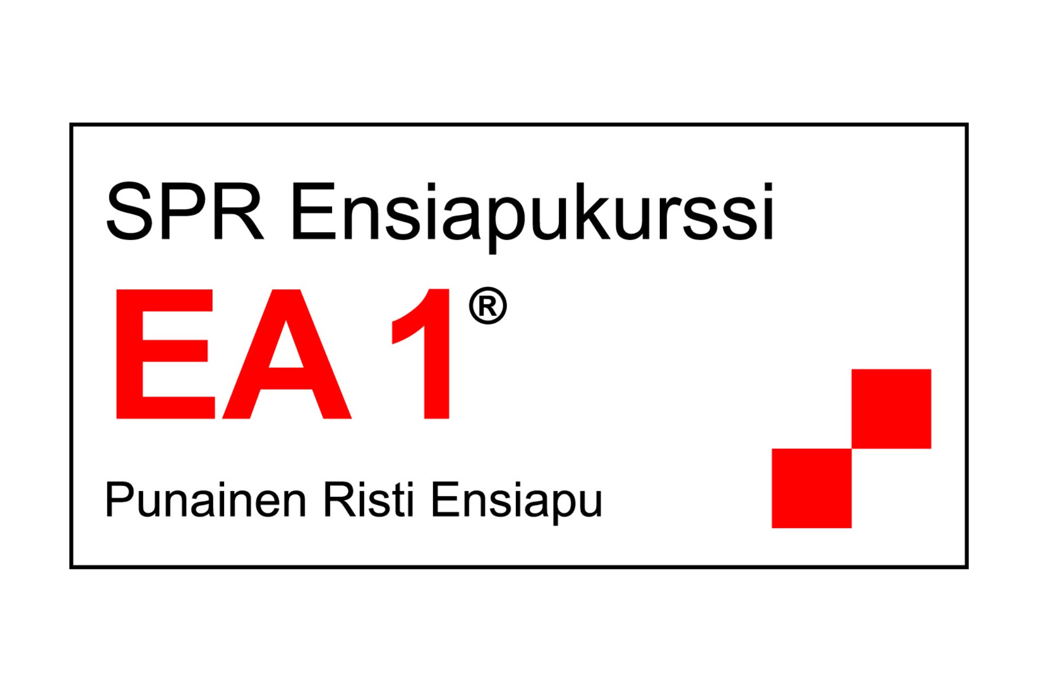 Musta-puna-valkoinen vaakamuotoinen logo SPR Ensiapukurssi EA1® ensiapukoulutuksesta. Logossa oikeassa alakulmassa kaksi punaista laatikkoa elementtinä.